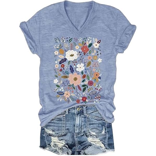 Women Embroidered Flower Shirt Wildflower Pocket Tshirt Floral